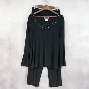 Slinky Brand Womens Two Piece Set 1X Black Stretchy Embellished Going Out Glam